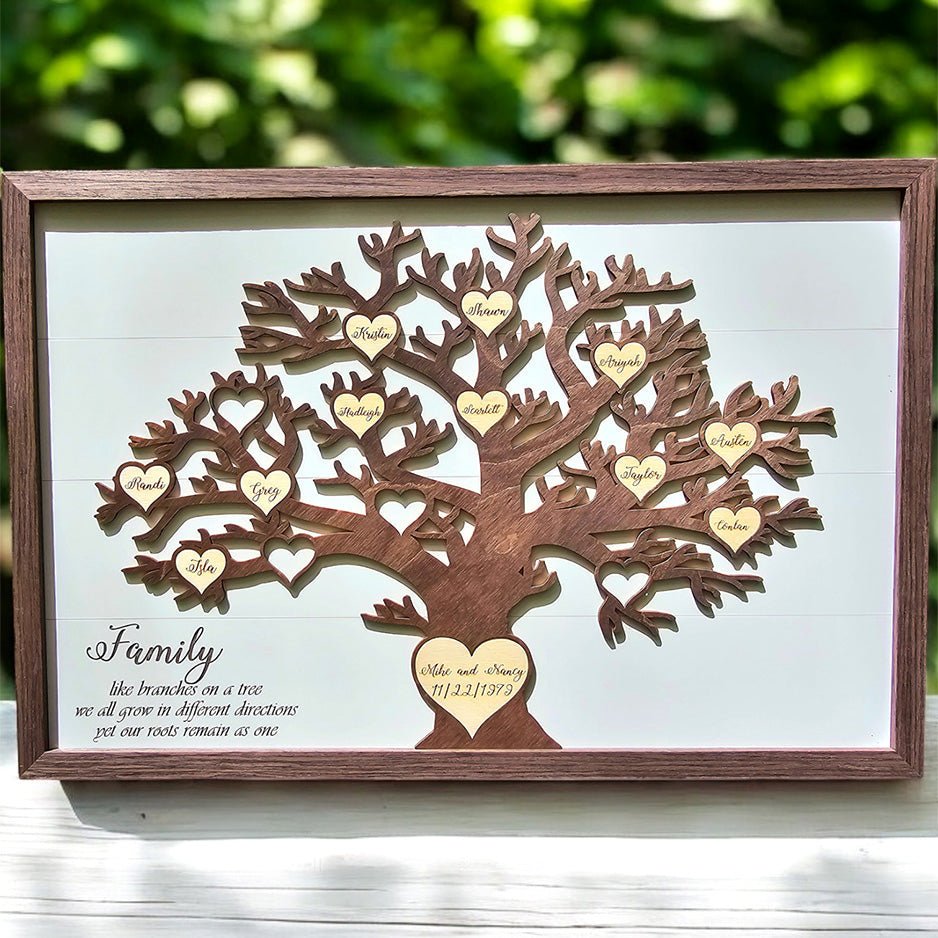 Handcrafted wooden family tree wall art with personalized 3D name hearts, custom engraved for Mother's Day and family reunions, shown in a natural wood finish with elegant script lettering.
