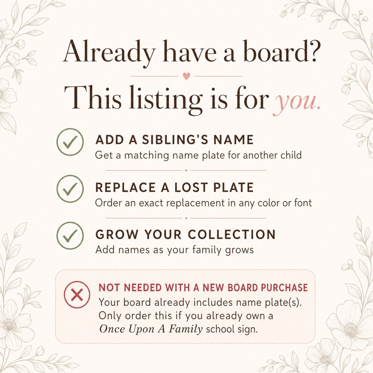 An informational graphic with floral corner details and text explaining that the listing is for an existing name board, including options to add a sibling's name, replace a lost plate, and grow the collection. A pink note at the bottom says the board already includes name plate(s) and only ordering this is if you already own a Once Upon A Family school sign.
