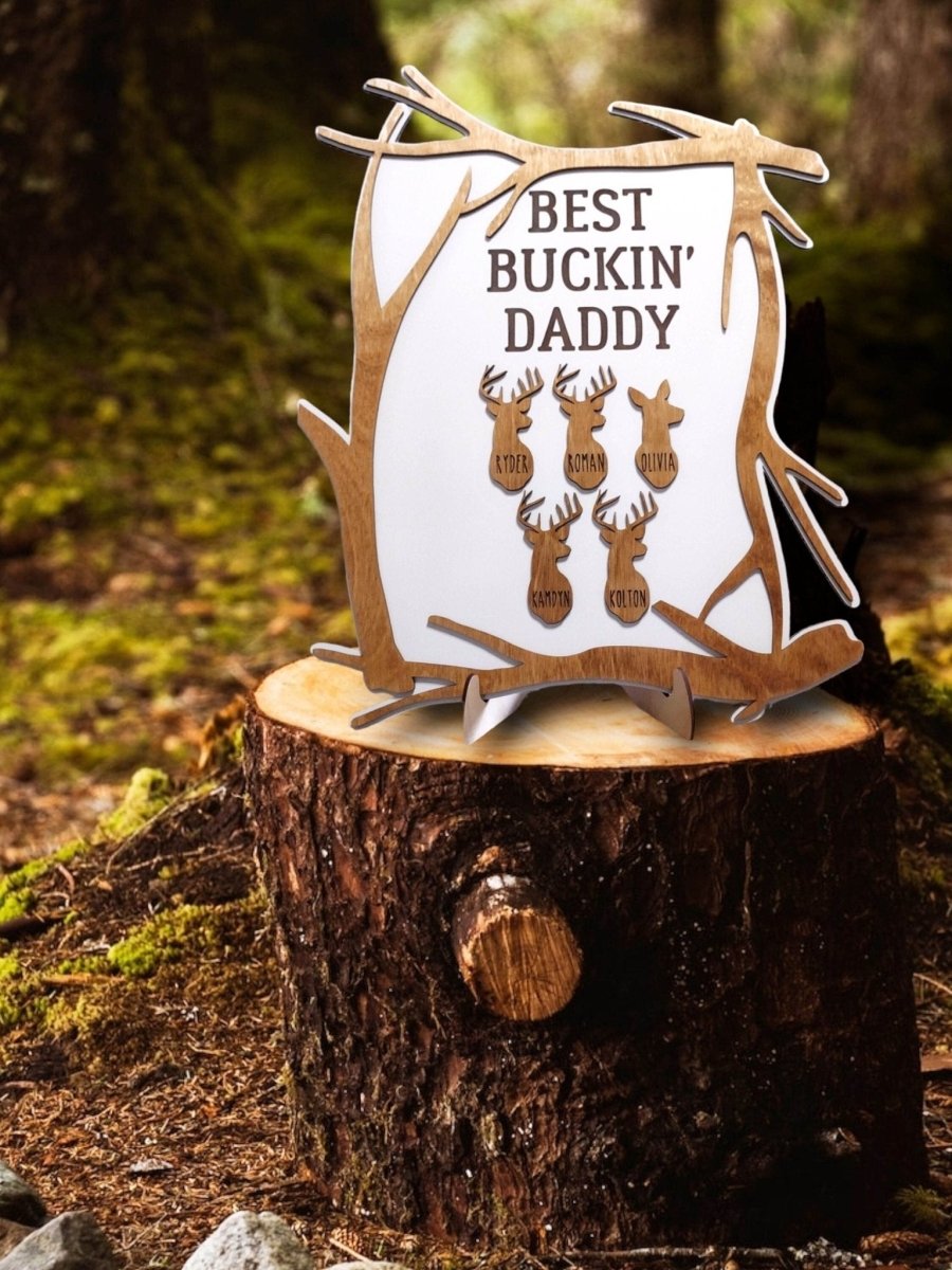 Best Buckin Deer Sign, fathers day Gift for Dad, Husband, Son, Grandpa, Papa, From Kids, Hunting Engraved Wooden Plaque, Funny Stepdad Gift