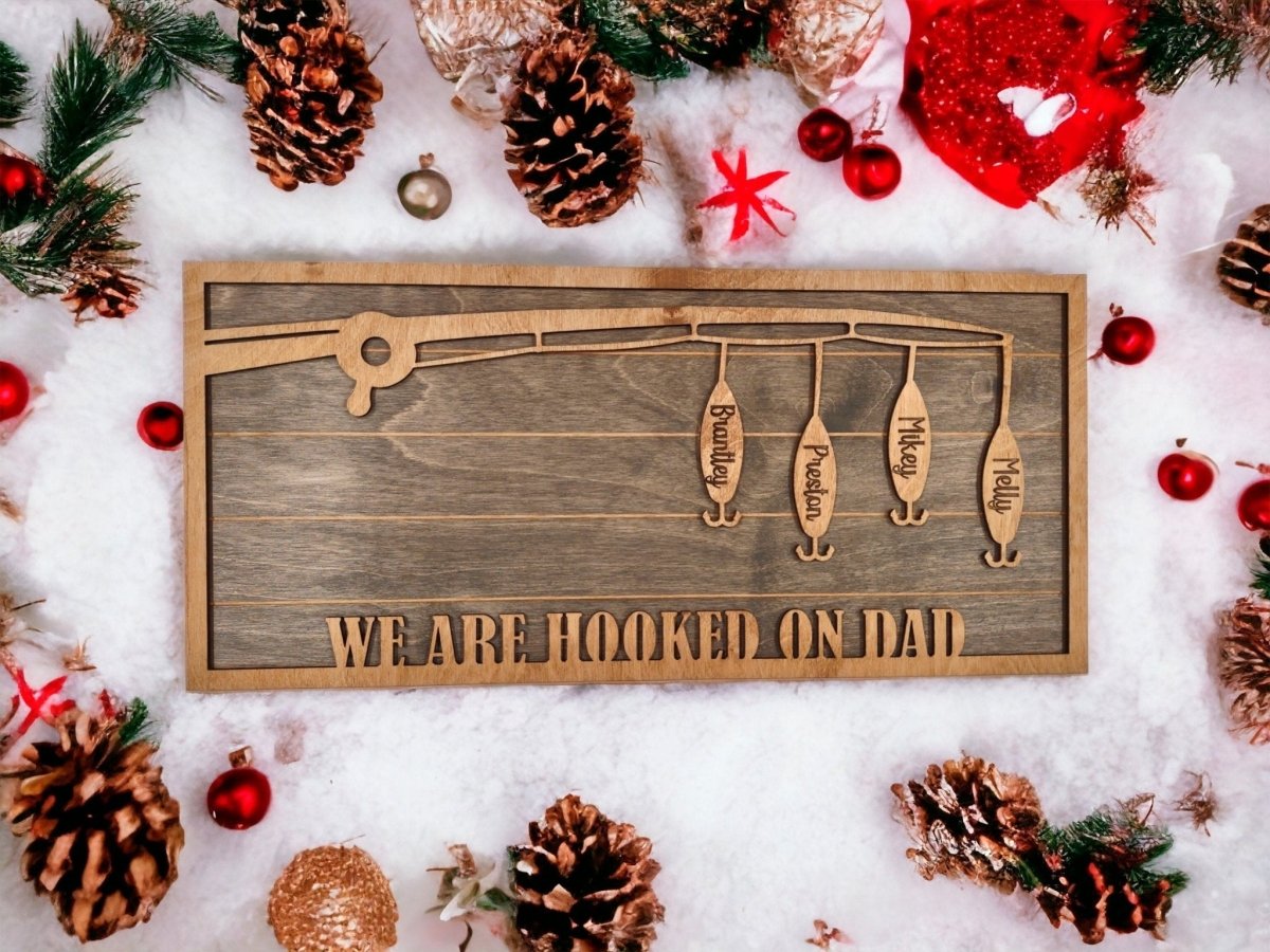 Christmas Gift Fishing Sign, gift for dad, from kids, wife, hooked on daddy, birthday present for grandpa, papa, stepdad, wood sign, fisher