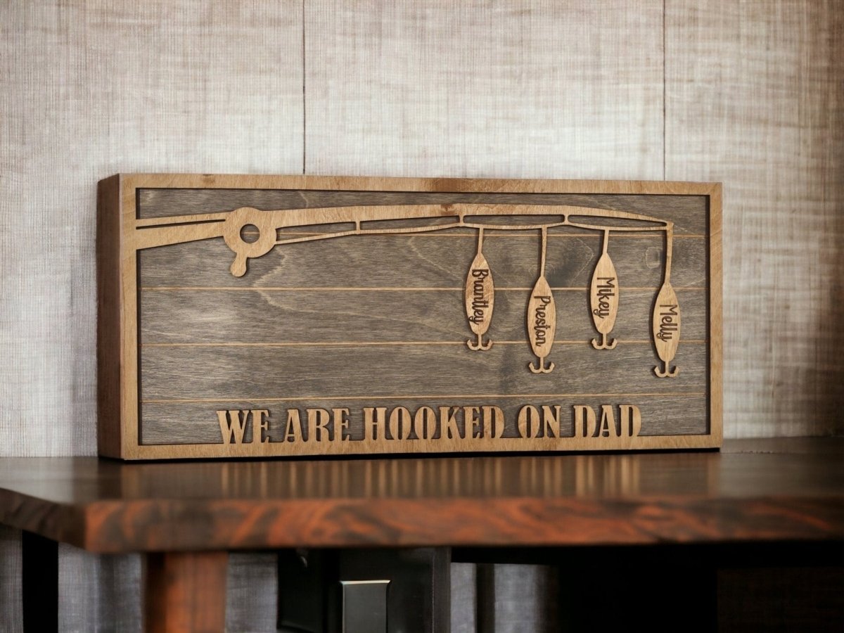 Christmas Gift Fishing Sign, gift for dad, from kids, wife, hooked on daddy, birthday present for grandpa, papa, stepdad, wood sign, fisher