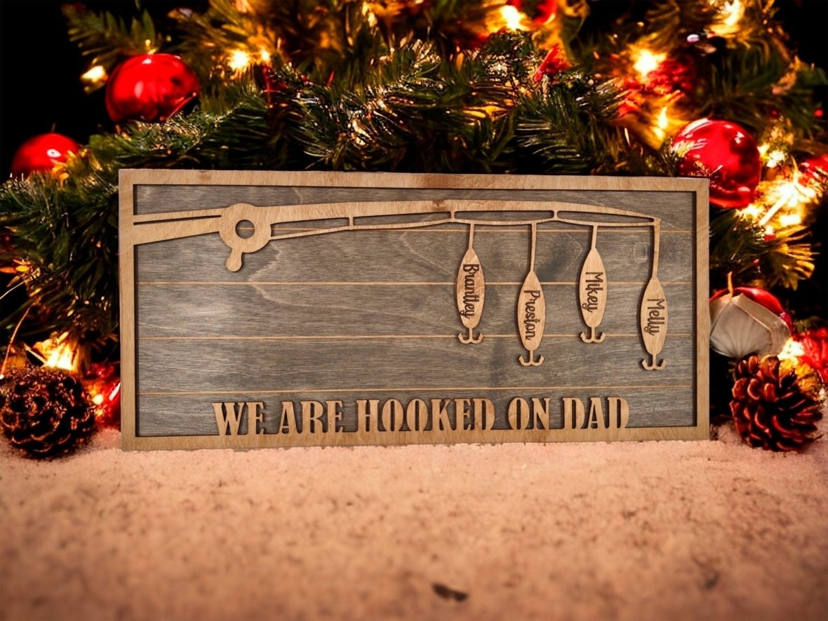 Christmas Gift Fishing Sign, gift for dad, from kids, wife, hooked on daddy, birthday present for grandpa, papa, stepdad, wood sign, fisher