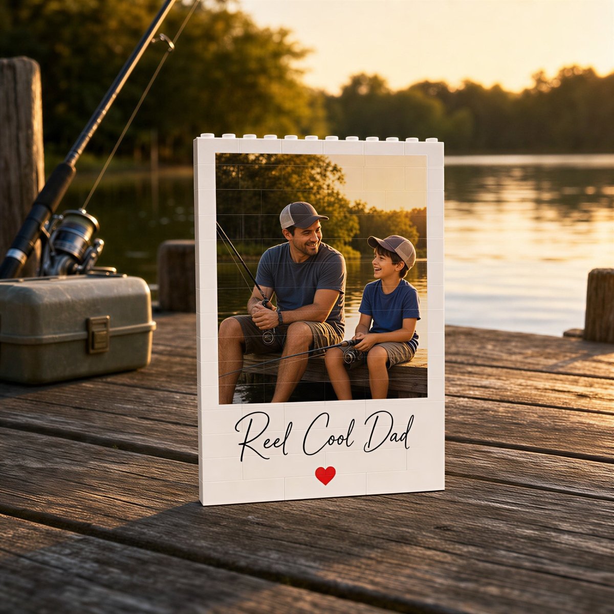 A personalized white building block puzzle resting on a wooden dock by a lake at sunset, with a fishing pole and tackle box in the background. The puzzle features a printed photo of a father and son sitting together fishing. Below the photo, custom script text reads "Reel Cool Dad" with a small red heart.