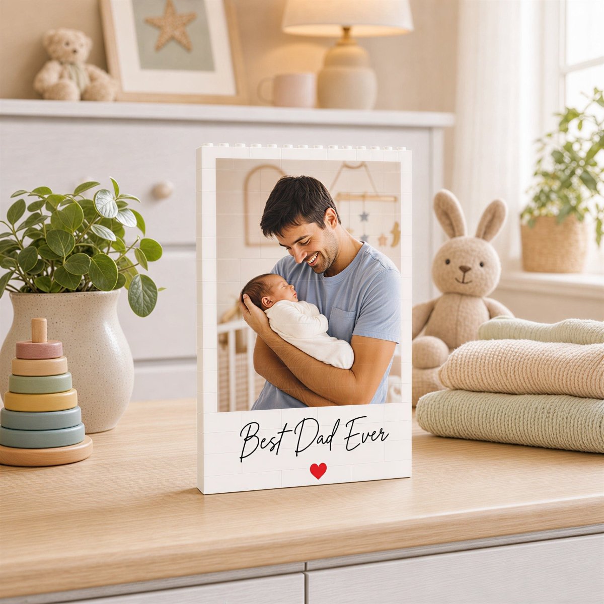 A personalized white building block puzzle displaying a photo of a smiling father holding his newborn baby. Below the photo is the script text "Best Dad Ever" with a small red heart. The puzzle is sitting on a light wooden nursery dresser next to a wooden ring stacker toy, a potted plant, and a stuffed bunny.