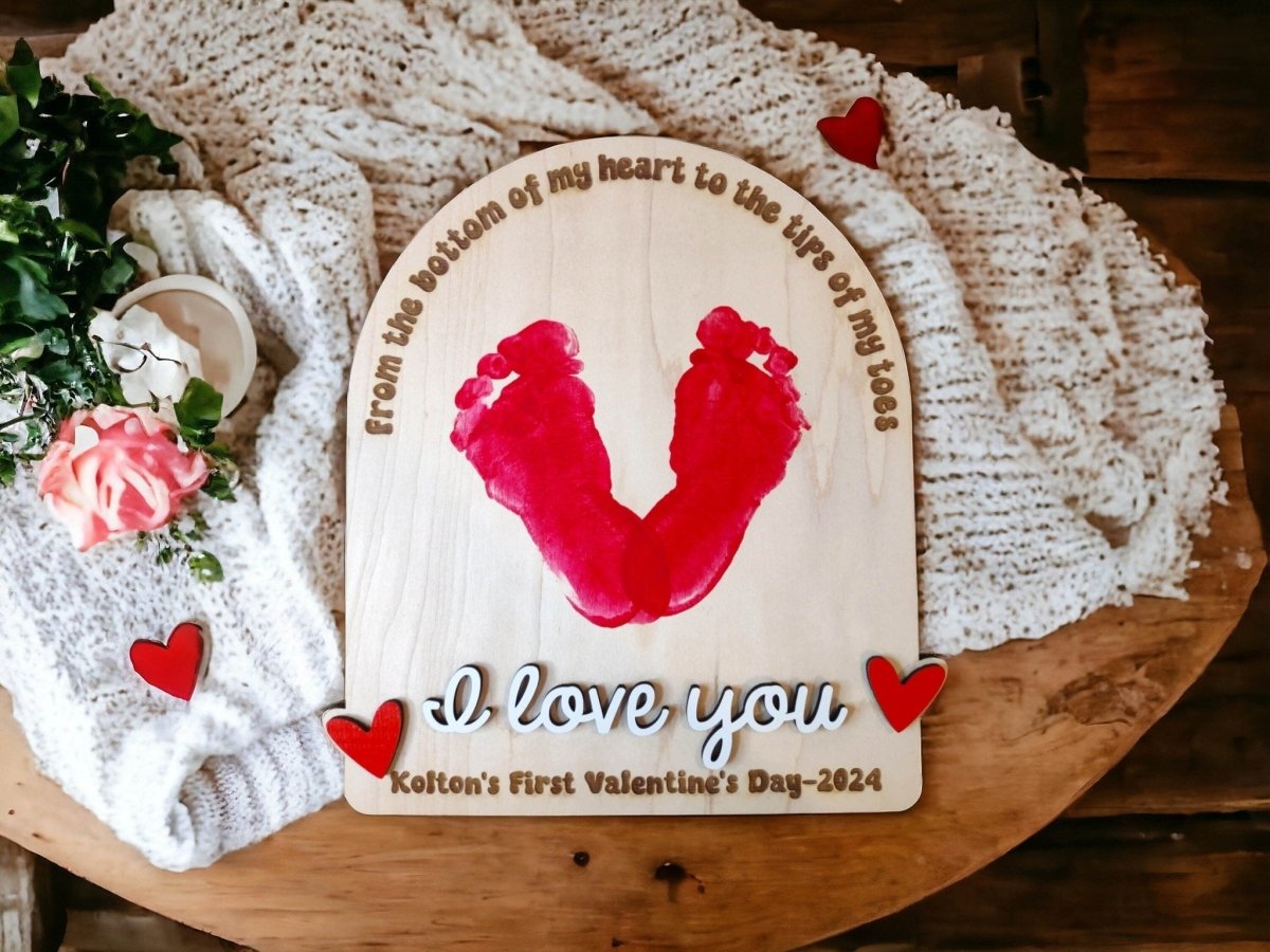 DIY Valentines Day Footprint Sign, Babys First Wood Art Keepsake, Kid Craft, Gift for Mom, Baby Shower Gift, for husband, new dad, wife