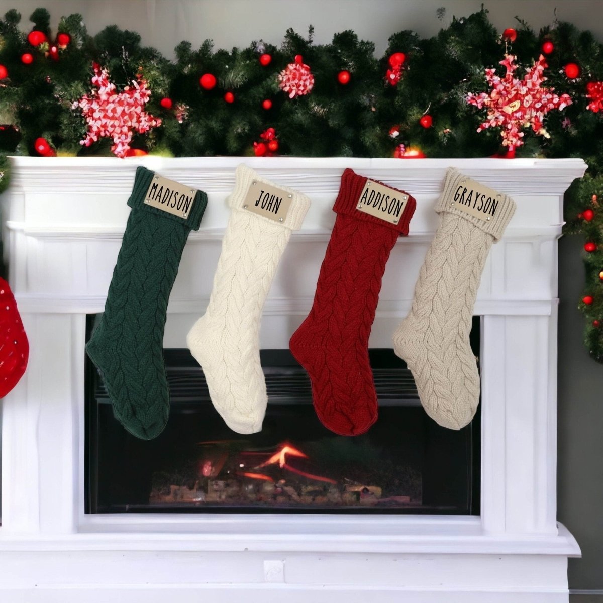 Family Christmas Stockings, Personalized Leather Patch Stocking, Knitted Christmas Stocking, 2023 Holiday Tags, Farmhouse Stocking With Name