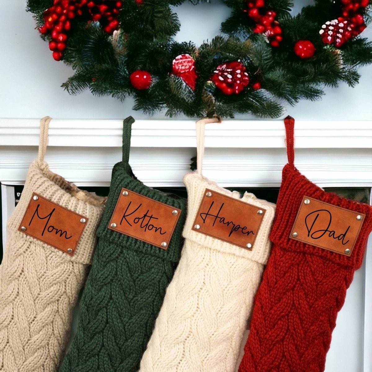 Family Christmas Stockings, Personalized Leather Patch Stocking, Knitted Christmas Stocking, 2023 Holiday Tags, Farmhouse Stocking With Name