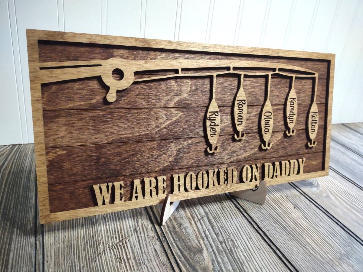 Fathers  Day Gift Fishing Sign, for dad, from kids, wife, hooked on daddy, birthday present for grandpa, papa, stepdad, wood sign, fisher
