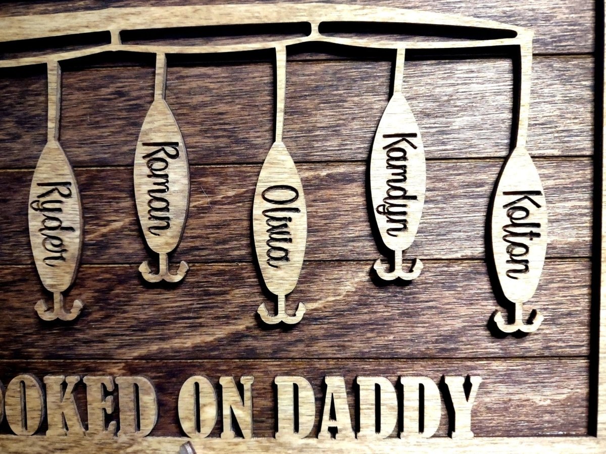 Fathers  Day Gift Fishing Sign, for dad, from kids, wife, hooked on daddy, birthday present for grandpa, papa, stepdad, wood sign, fisher