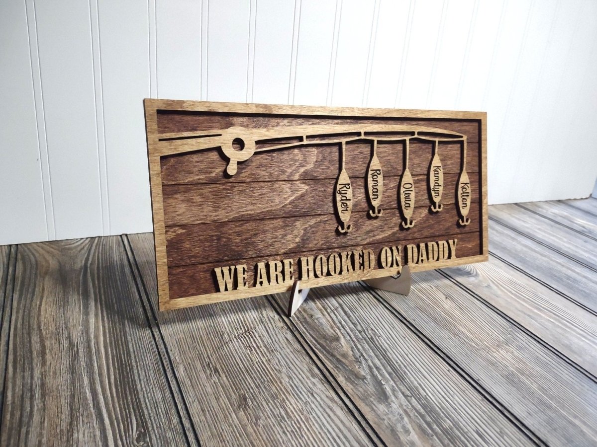 Fathers  Day Gift Fishing Sign, for dad, from kids, wife, hooked on daddy, birthday present for grandpa, papa, stepdad, wood sign, fisher