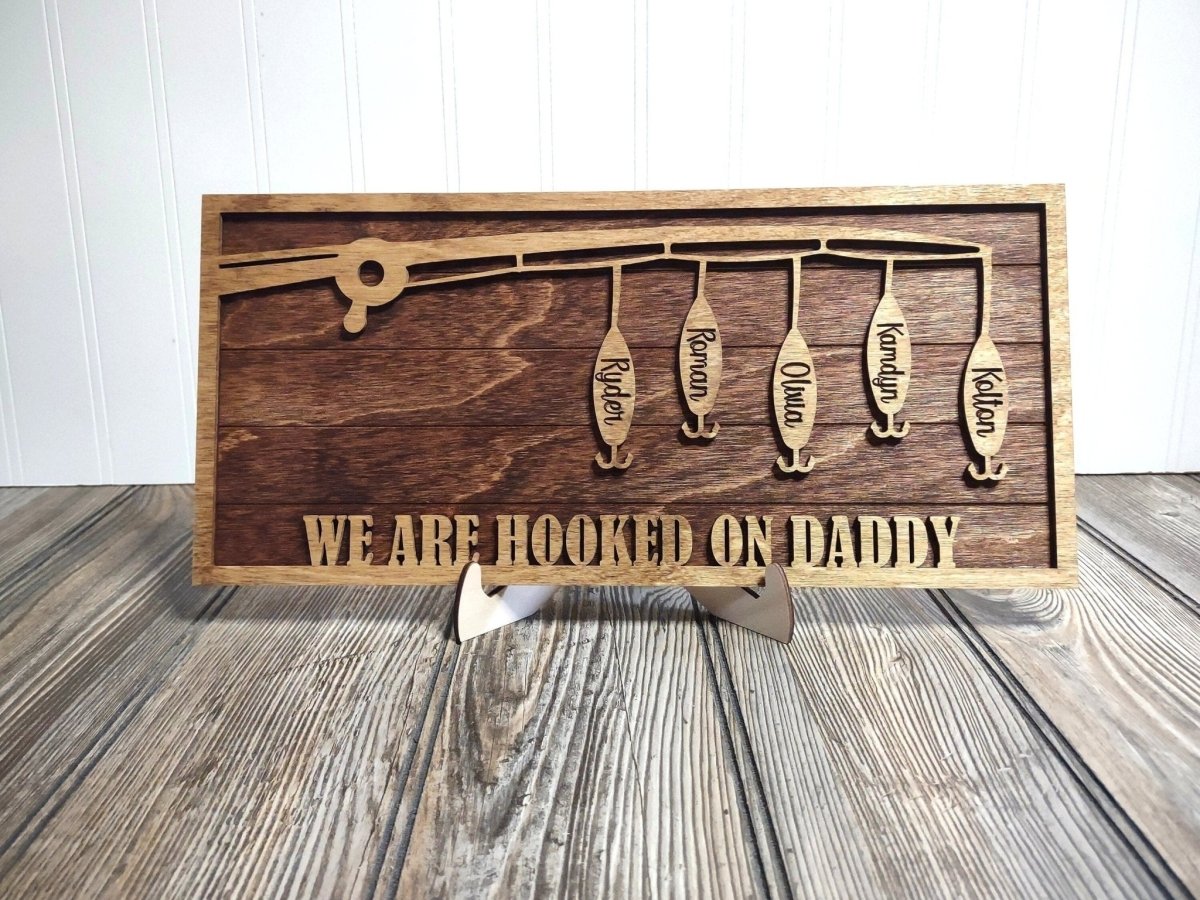 Fathers  Day Gift Fishing Sign, for dad, from kids, wife, hooked on daddy, birthday present for grandpa, papa, stepdad, wood sign, fisher