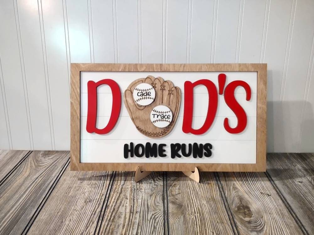 Fathers day gift Home Run Baseball Sign, for dad from kids, daddy birthday, from wife, daughter, son, childrens names engraved, garage sign
