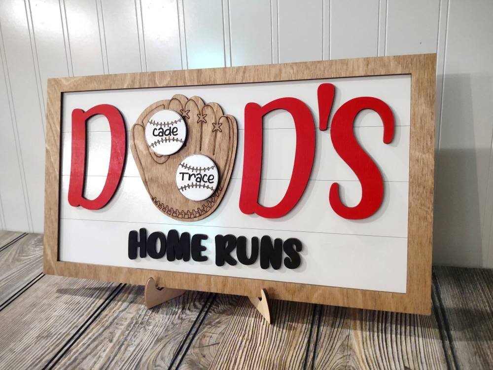 Fathers day gift Home Run Baseball Sign, for dad from kids, daddy birthday, from wife, daughter, son, childrens names engraved, garage sign