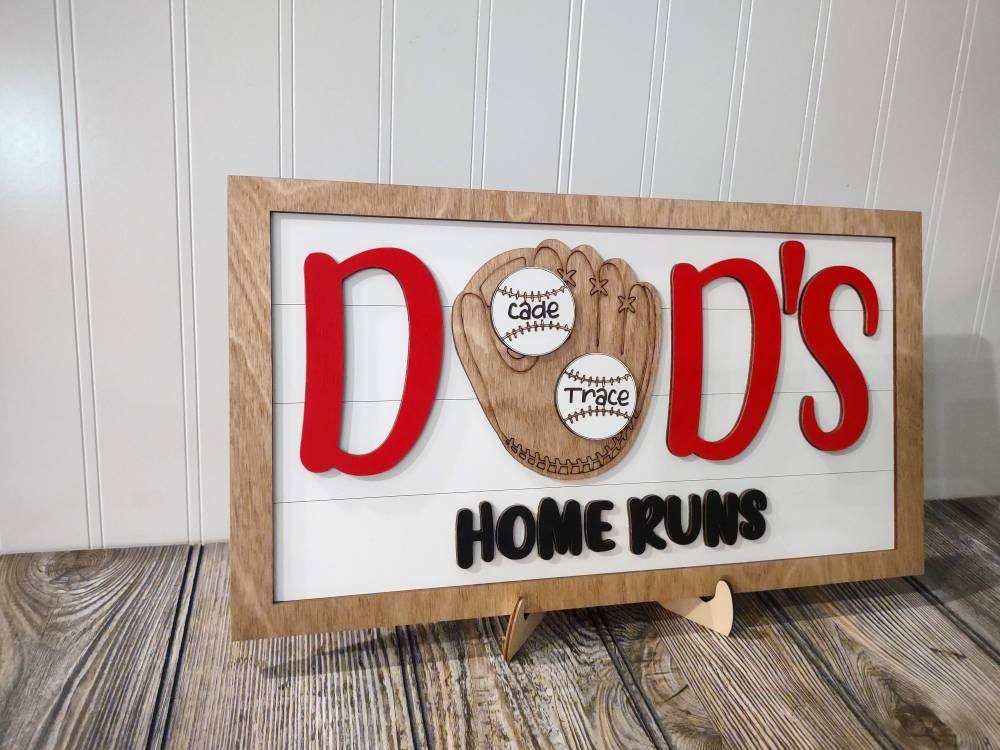 Fathers day gift Home Run Baseball Sign, for dad from kids, daddy birthday, from wife, daughter, son, childrens names engraved, garage sign