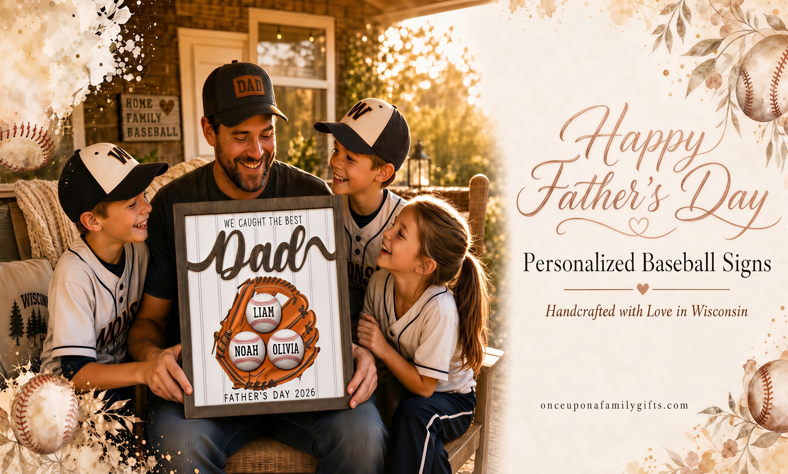 A father and three children smiling on a porch, holding a personalized wooden "We Caught The Best Dad" sign featuring a 3D baseball glove and custom baseballs with kids' names. The banner text reads "Happy Father's Day, Personalized Baseball Signs, Handcrafted with Love in Wisconsin."