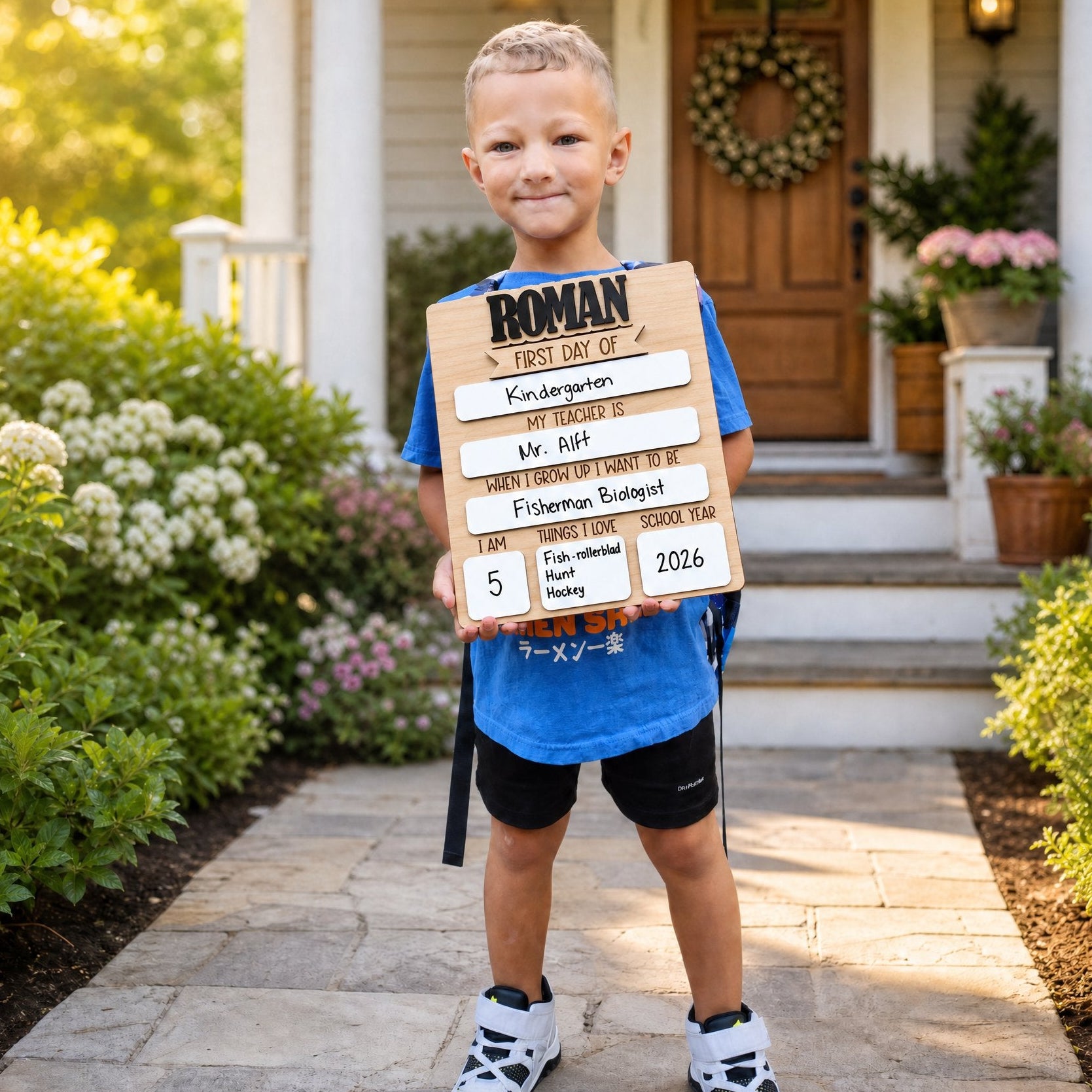 Boy holding personalized rectangle first day of school sign — maple wood board with bold ROMAN name, filled-in dry-erase sections showing Kindergarten, Mr. Alft, Fisherman Biologist, age 5, and 2026 school year, smiling outdoors in front of home