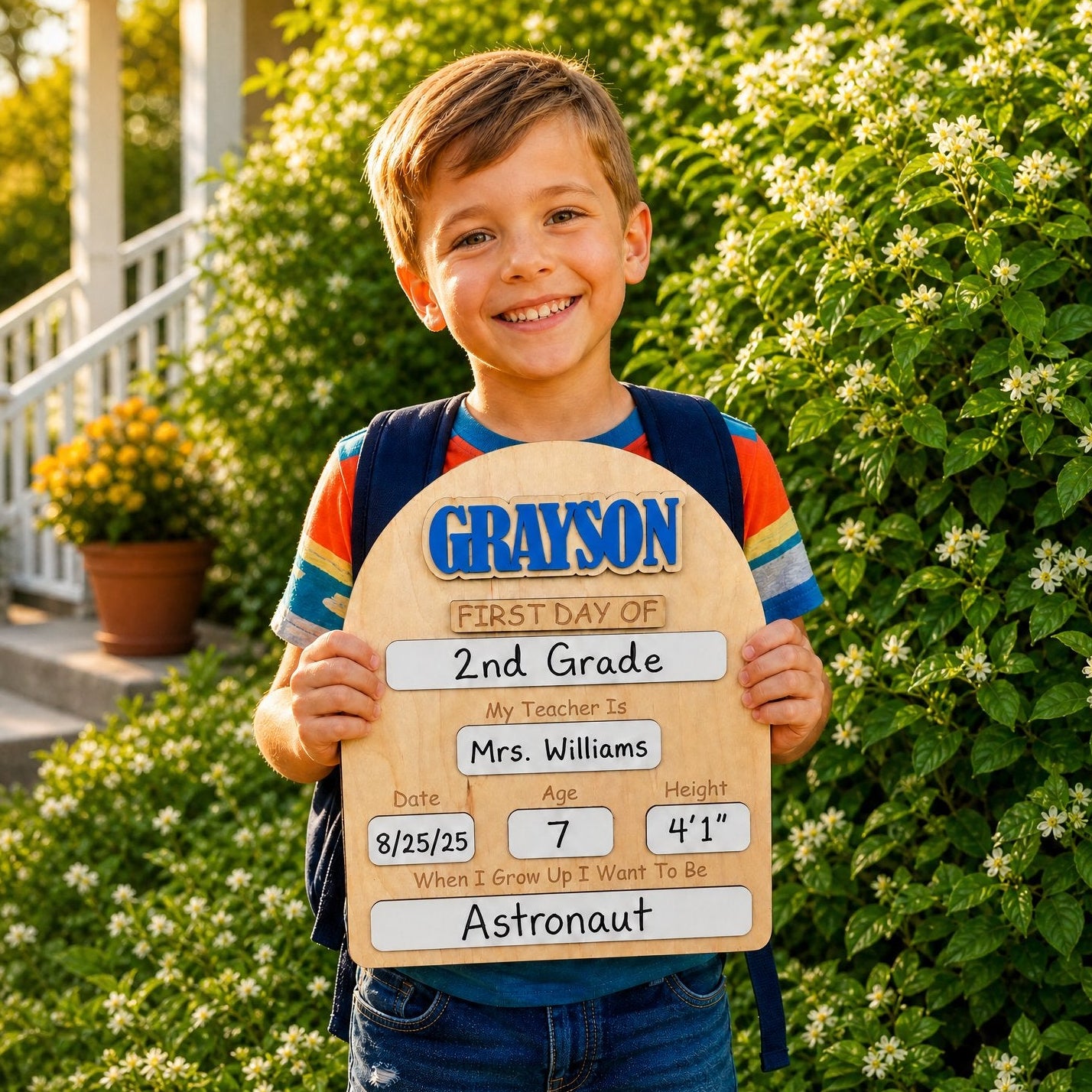 Young boy holding personalized first day of school wooden sign with blue name and filled-in dry-erase sections, smiling outdoors