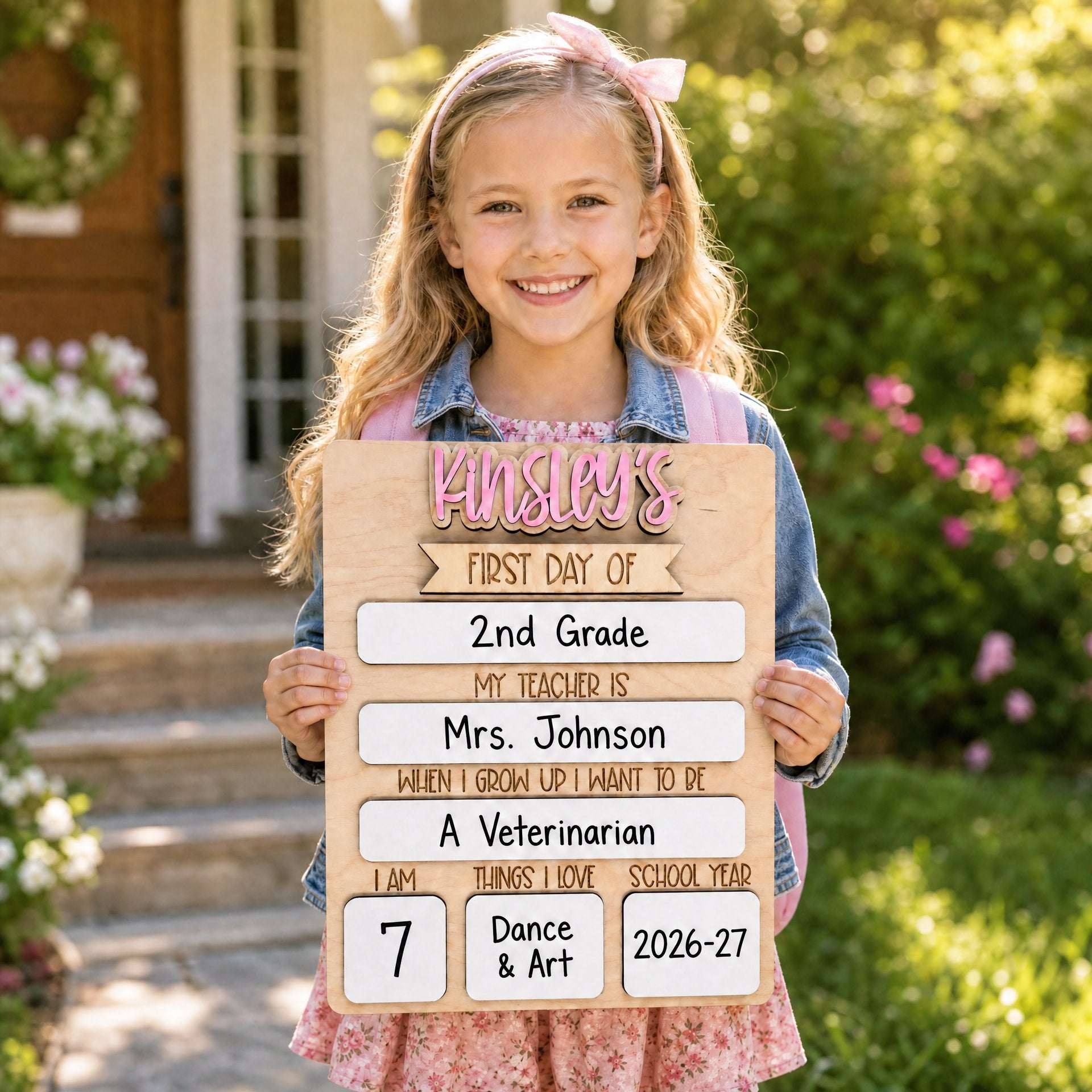 Young girl holding personalized rectangle first day of school sign on her first day — maple wood board with pink Kinsley name letters, filled-in whiteboard sections, smiling outdoors in front of home