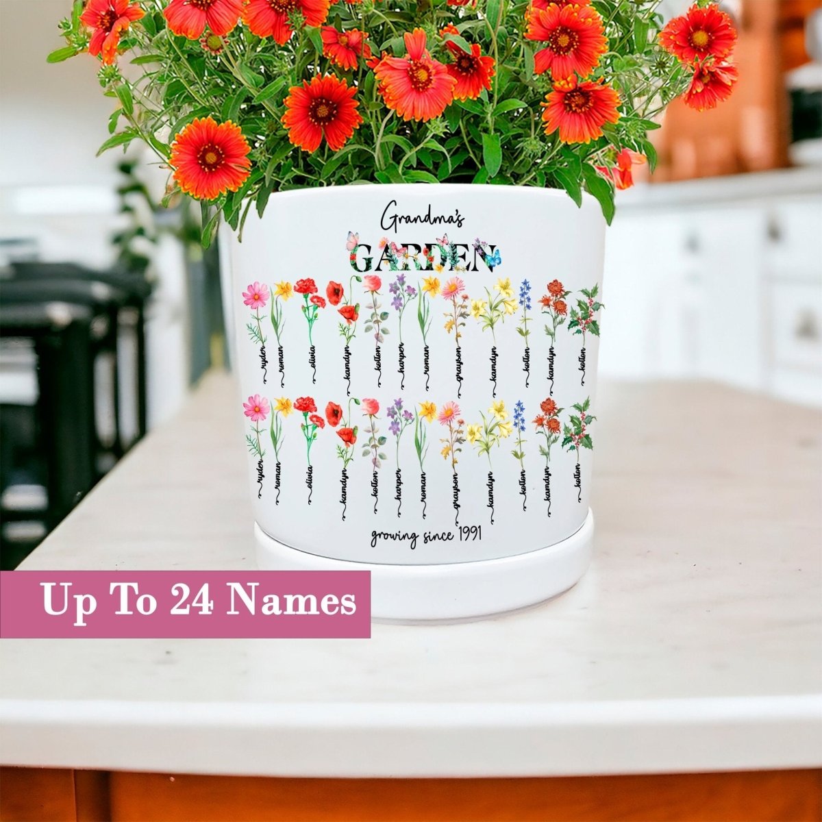 Personalized Birth Flower Planter | Butterfly Floral Design | Custom Family Name Gift