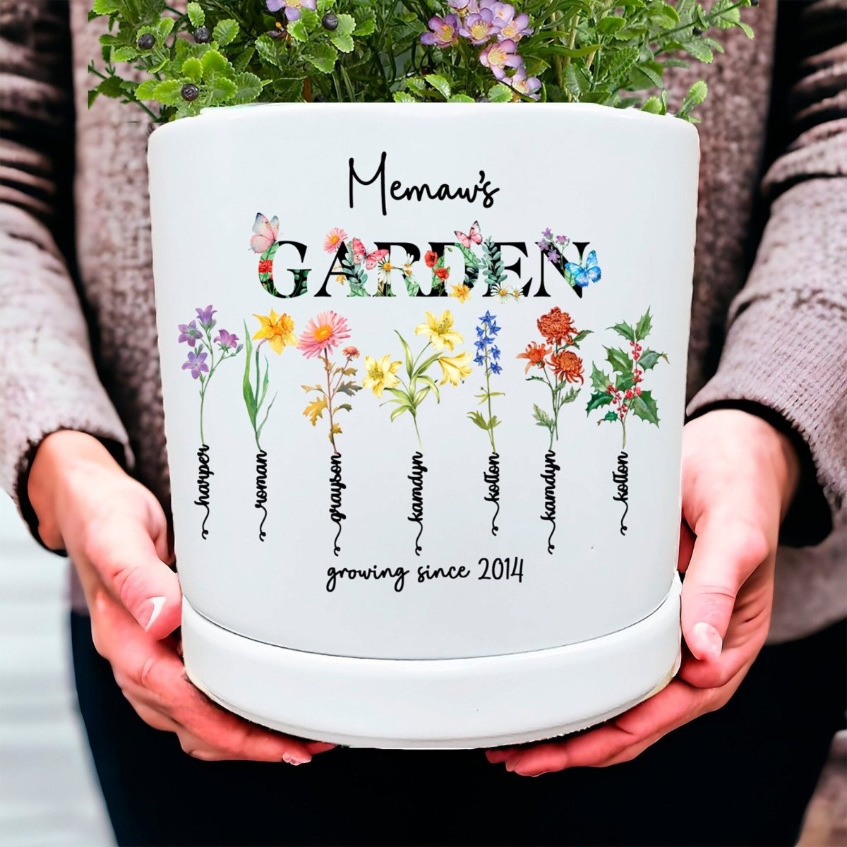 Personalized Birth Flower Planter | Butterfly Floral Design | Custom Family Name Gift