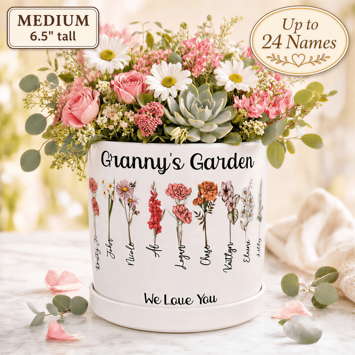 Personalized Birth Flower Planter | Vintage Botanical | Custom Family Name Gift