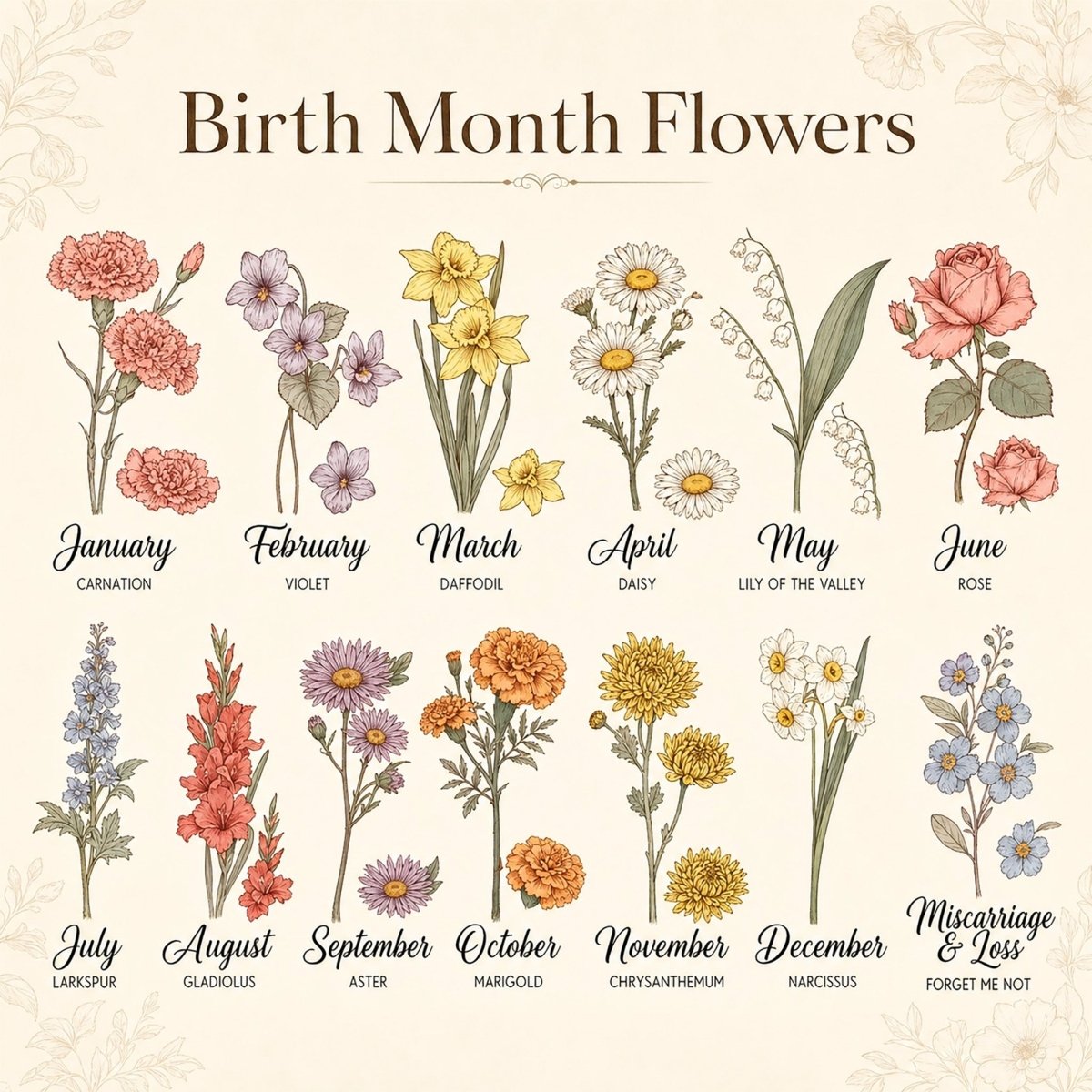Birth month flower chart guide for personalized gifts. Features illustrations for all 12 months including January Carnation, February Violet, March Daffodil, April Daisy, May Lily of the Valley, June Rose, July Larkspur, August Gladiolus, September Aster, October Marigold, November Chrysanthemum, and December Narcissus. Includes a special Forget Me Not flower for Miscarriage and Loss.