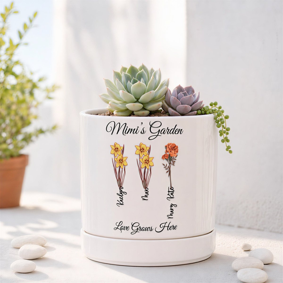 White ceramic planter with succulents, featuring custom text "Mimi's Garden" and "Love Grows Here" alongside three personalized birth flowers with names.