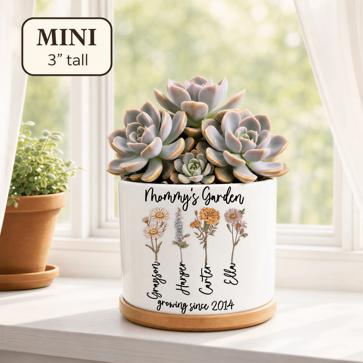 Personalized Birth Flower Planter | Vintage Botanical | Custom Family Name Gift