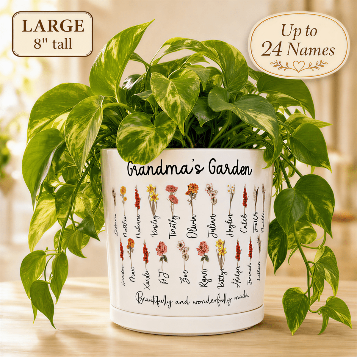 Personalized Birth Flower Planter | Vintage Botanical | Custom Family Name Gift