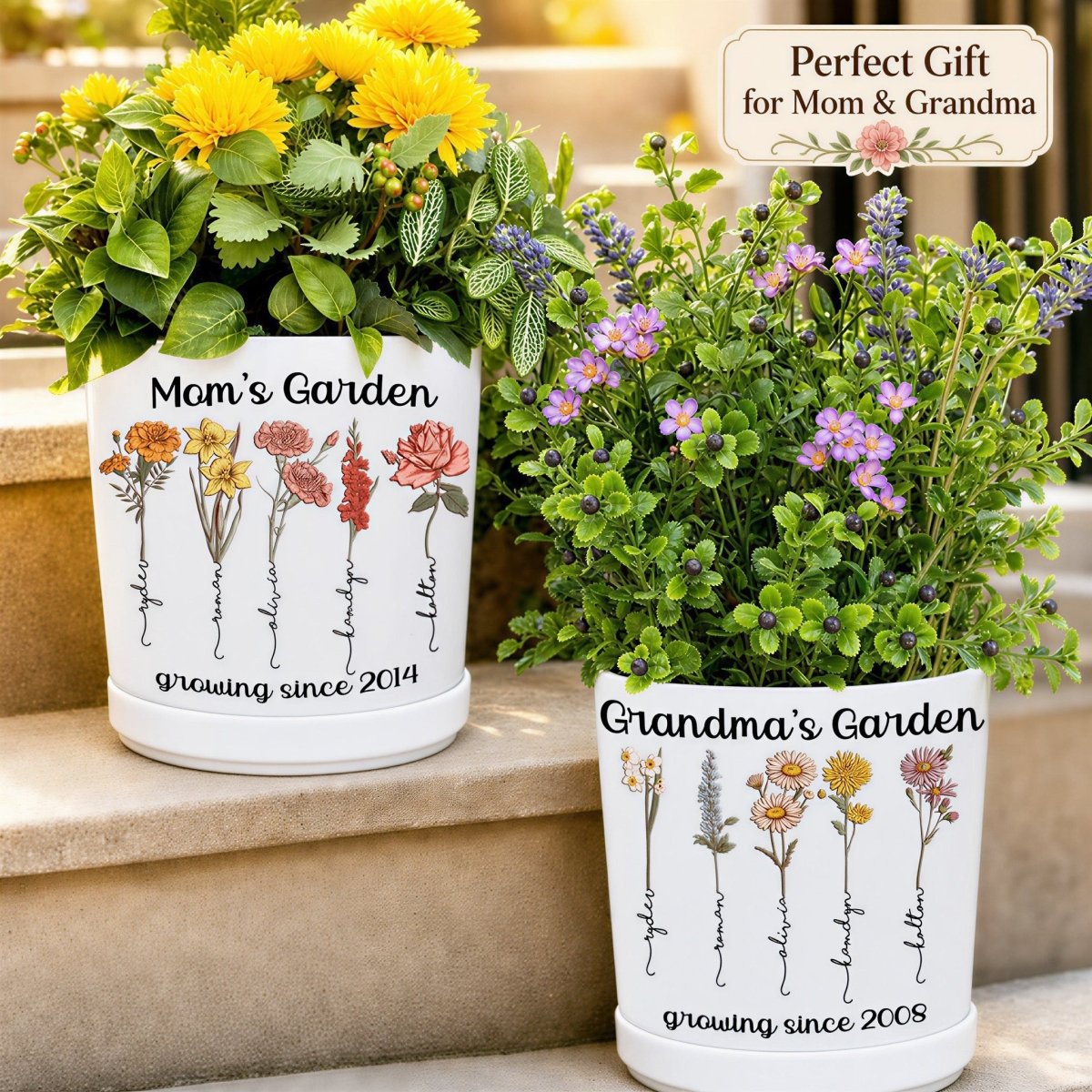 Two white ceramic planters sitting on outdoor garden steps. The left pot is labeled 'Mom’s Garden growing since 2014' and the right pot is 'Grandma’s Garden growing since 2008.' Both feature unique watercolor birth flowers and names like Ryder, Roman, Olivia, Landry, and Hatton. A graphic overlay reads 'Perfect Gift for Mom & Grandma.'