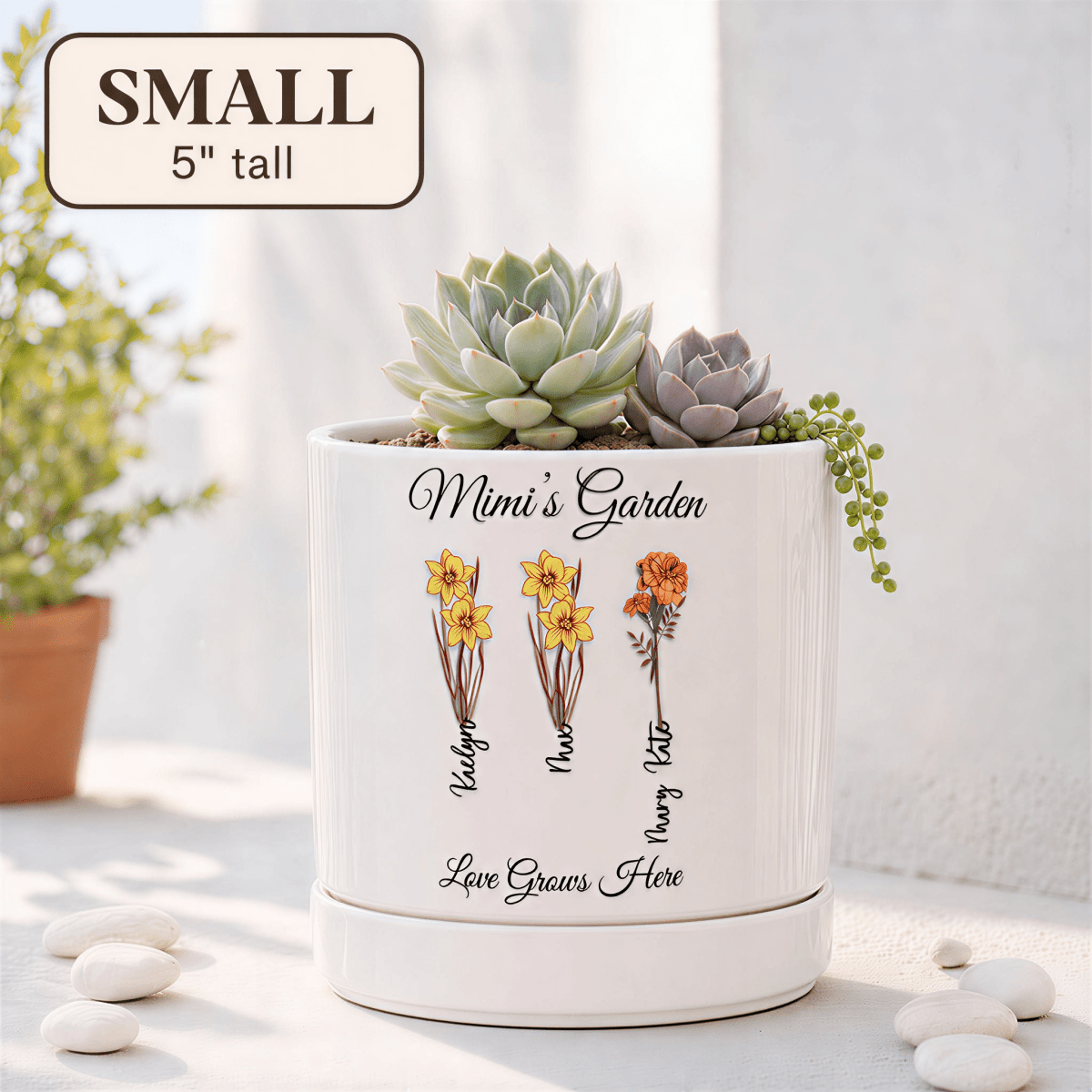 Personalized Birth Flower Planter | Vintage Botanical | Custom Family Name Gift