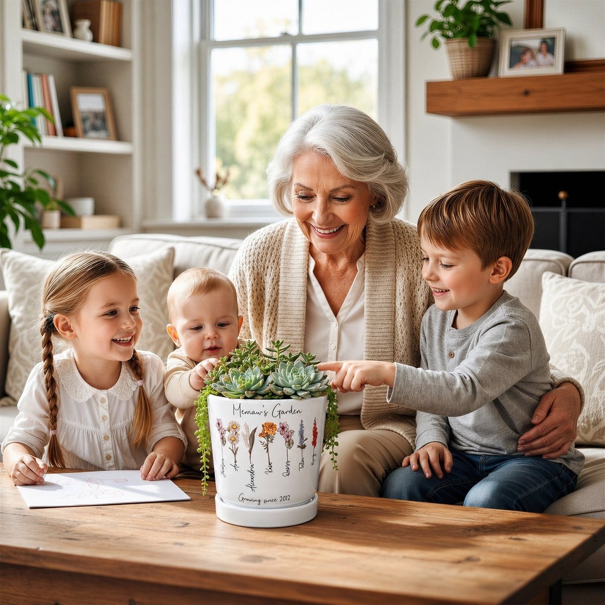 A grandmother and her three grandchildren smiling at a personalized 'Memaw’s Garden' birth flower planter on a living room table. The white ceramic pot features custom watercolor flowers and names, making it a perfect gift for Nana or Grandma.