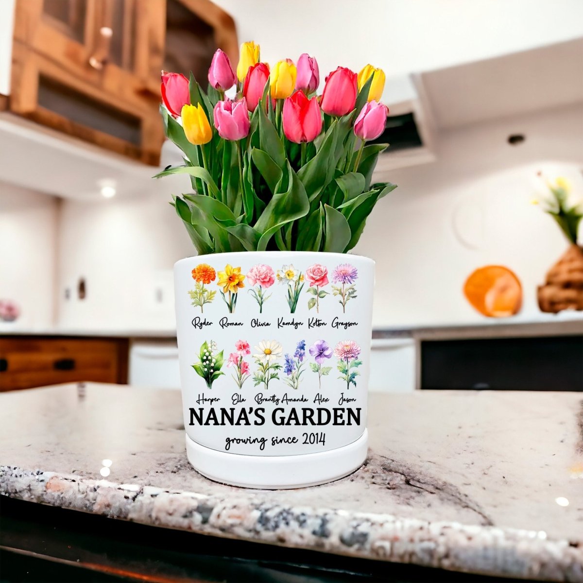 Personalized Birth Flower Planter | Watercolor Bouquet | Custom Family Name Gift