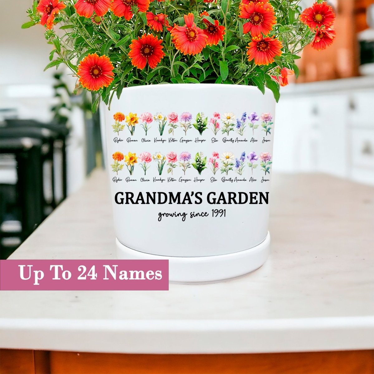 Personalized Birth Flower Planter | Watercolor Bouquet | Custom Family Name Gift