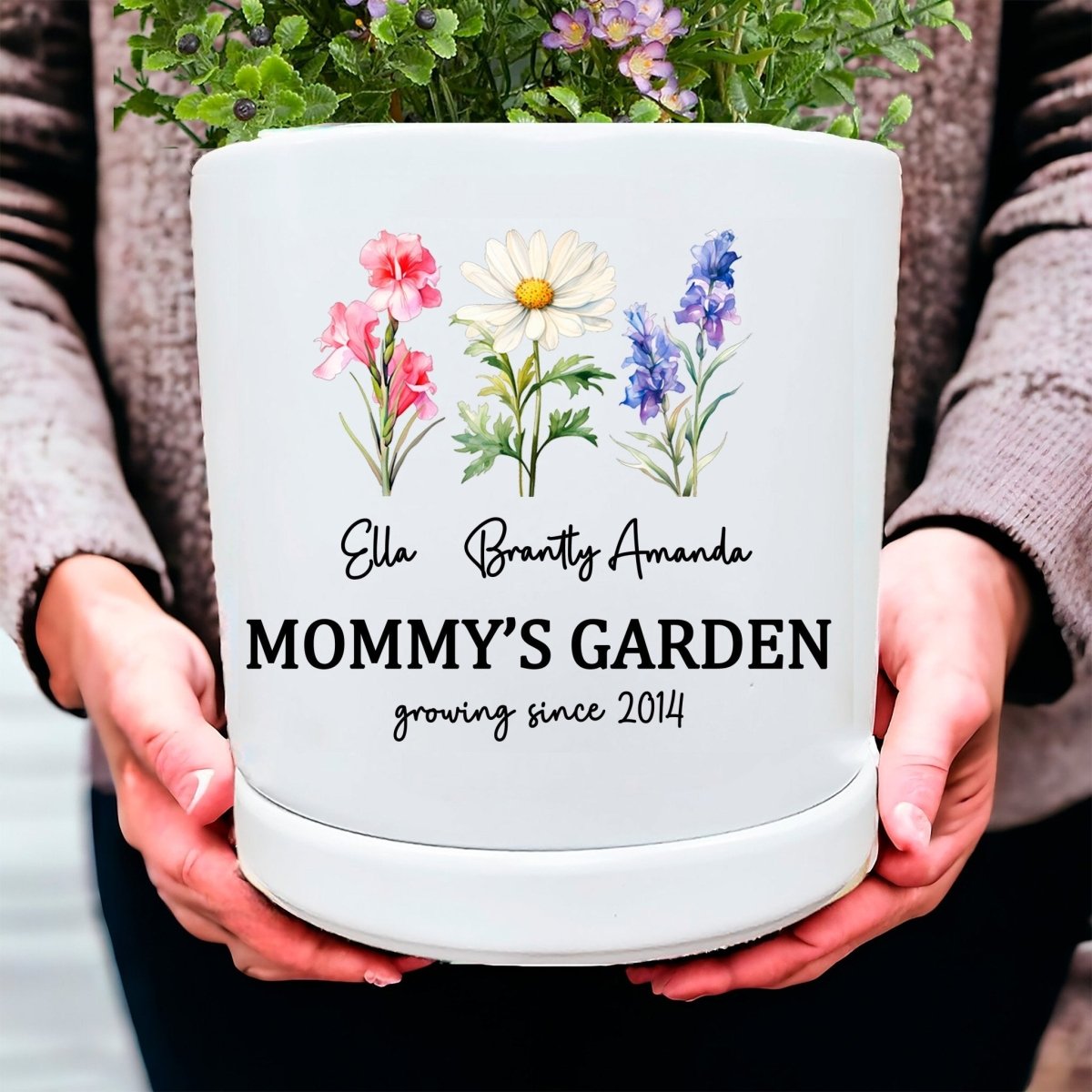 Personalized Birth Flower Planter | Watercolor Bouquet | Custom Family Name Gift