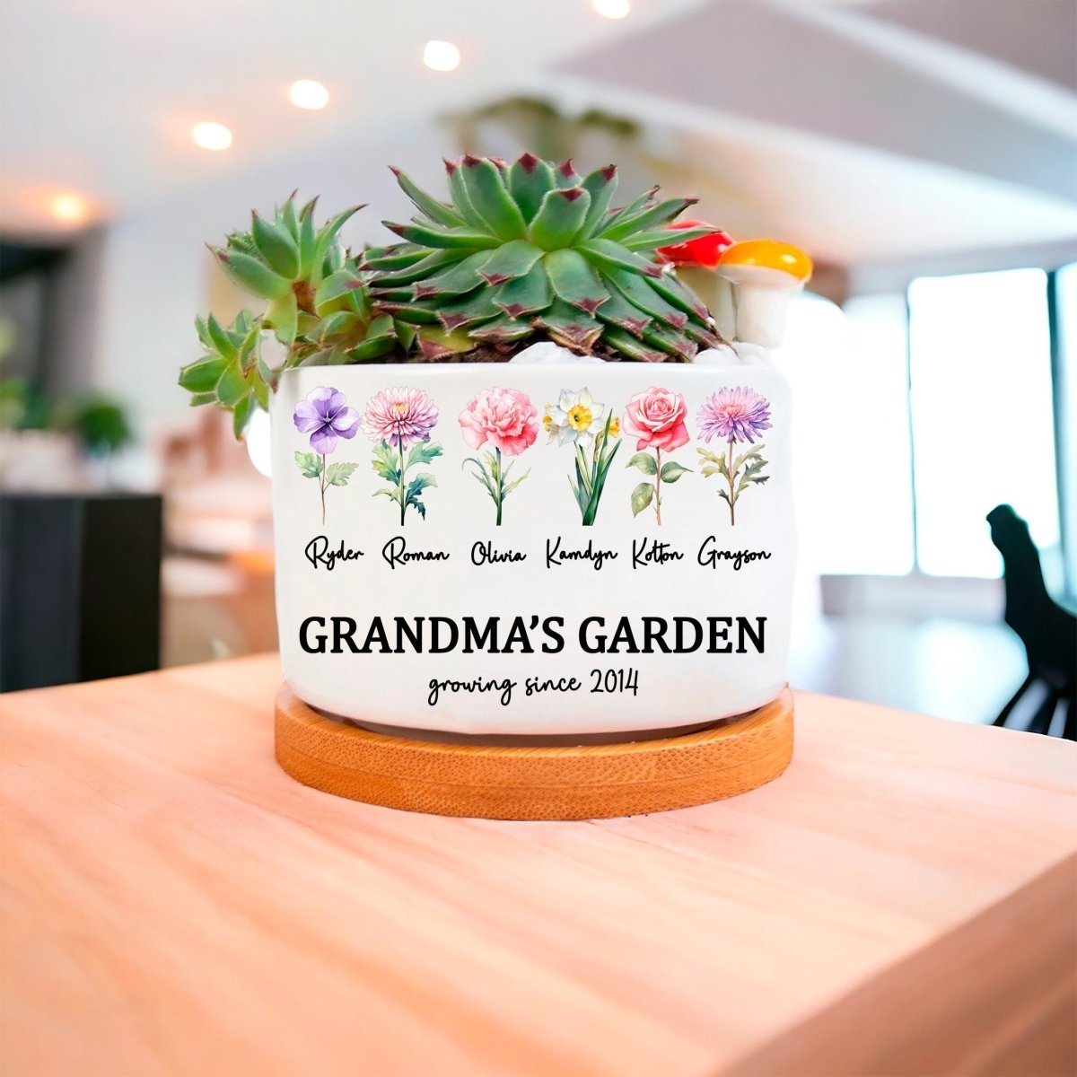 Personalized Birth Flower Planter | Watercolor Bouquet | Custom Family Name Gift