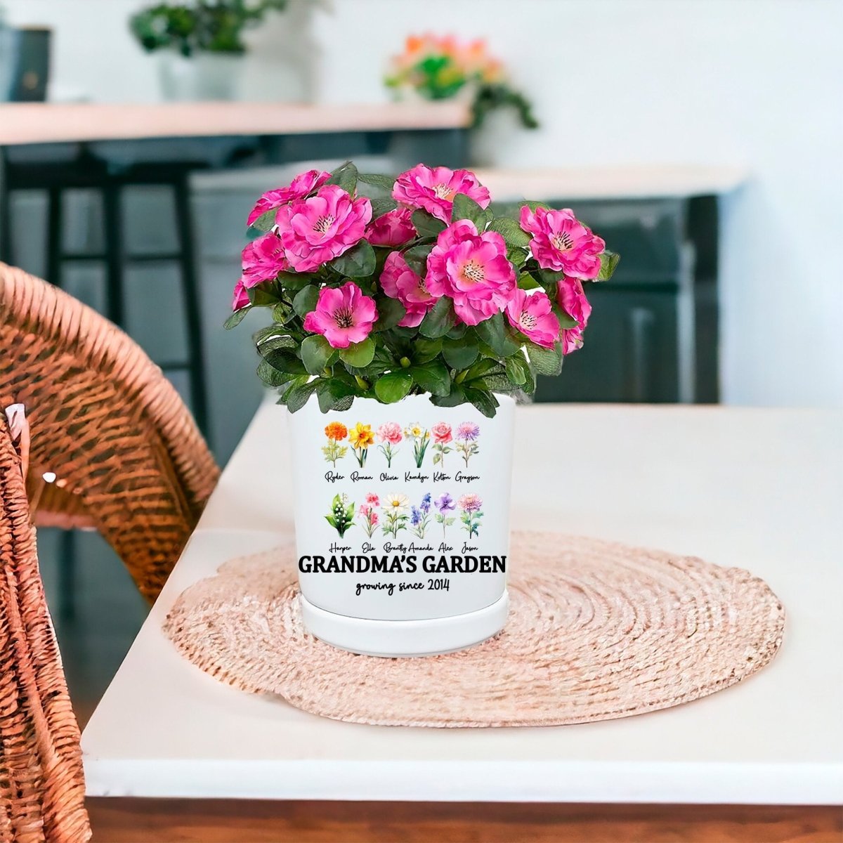 Personalized Birth Flower Planter | Watercolor Bouquet | Custom Family Name Gift