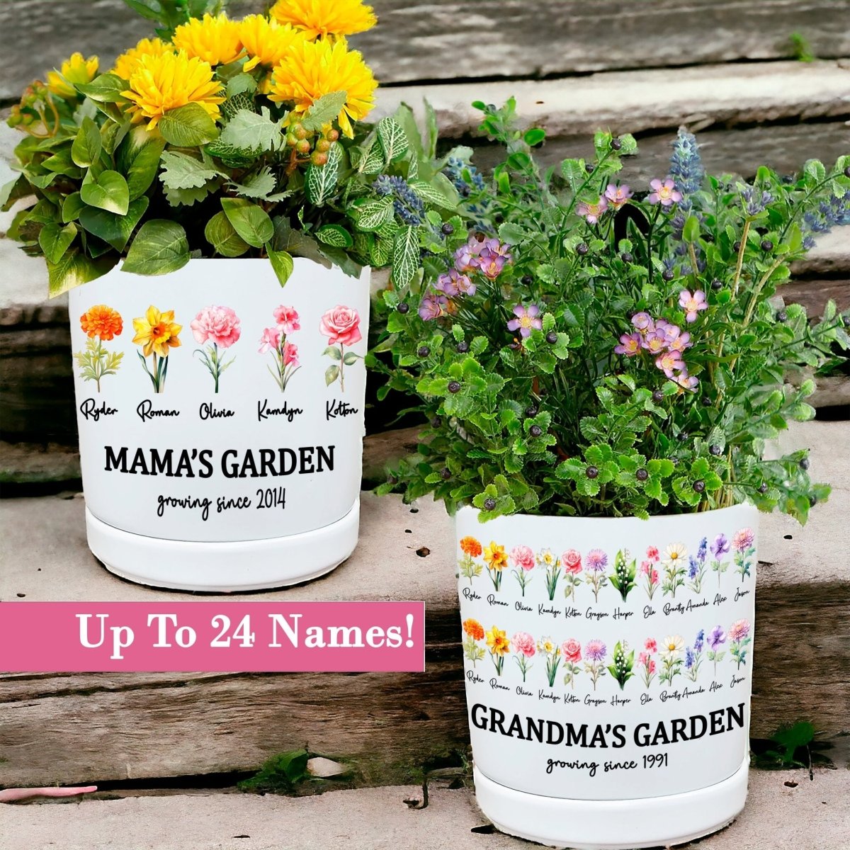 Personalized Birth Flower Planter | Watercolor Bouquet | Custom Family Name Gift