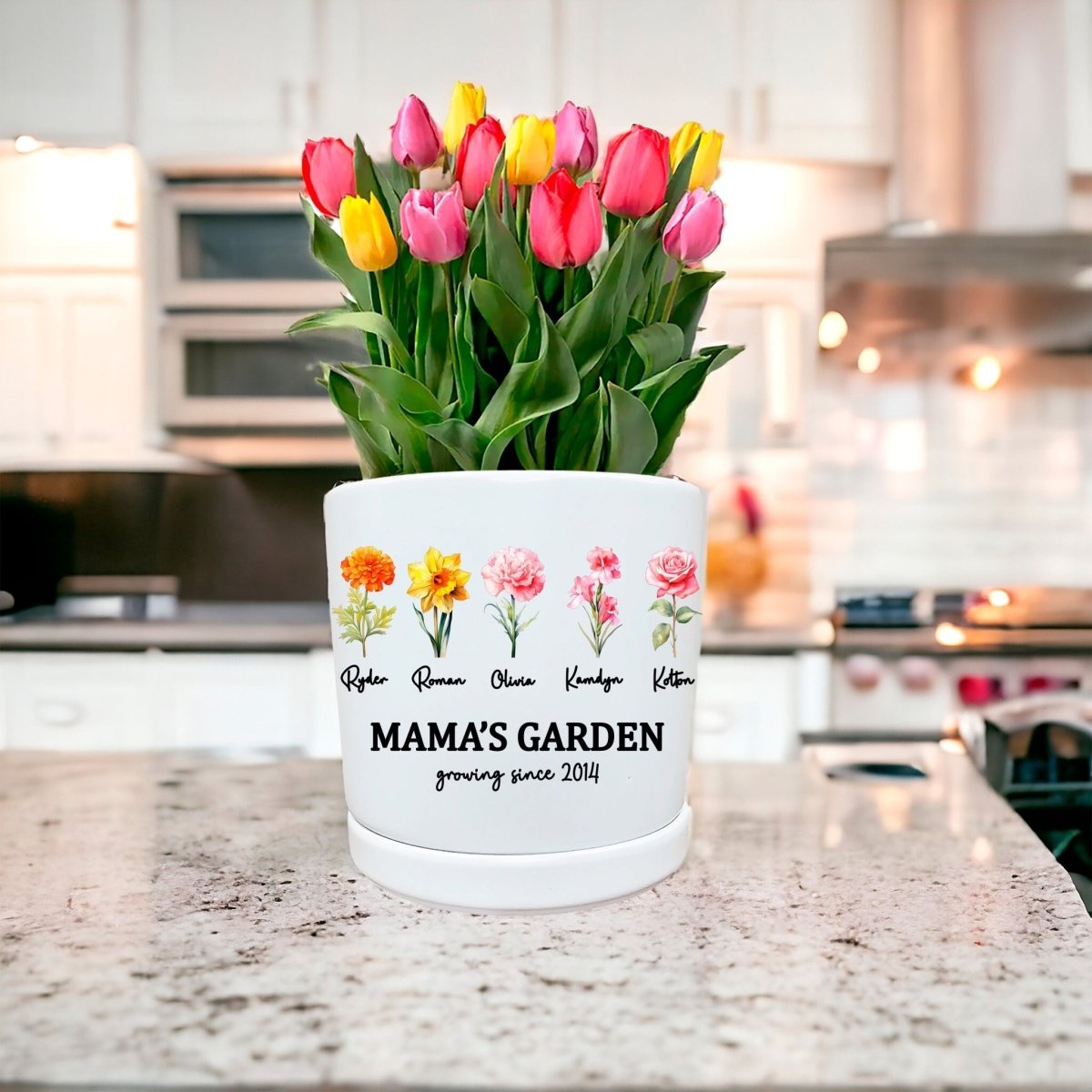 Personalized Birth Flower Planter | Watercolor Bouquet | Custom Family Name Gift