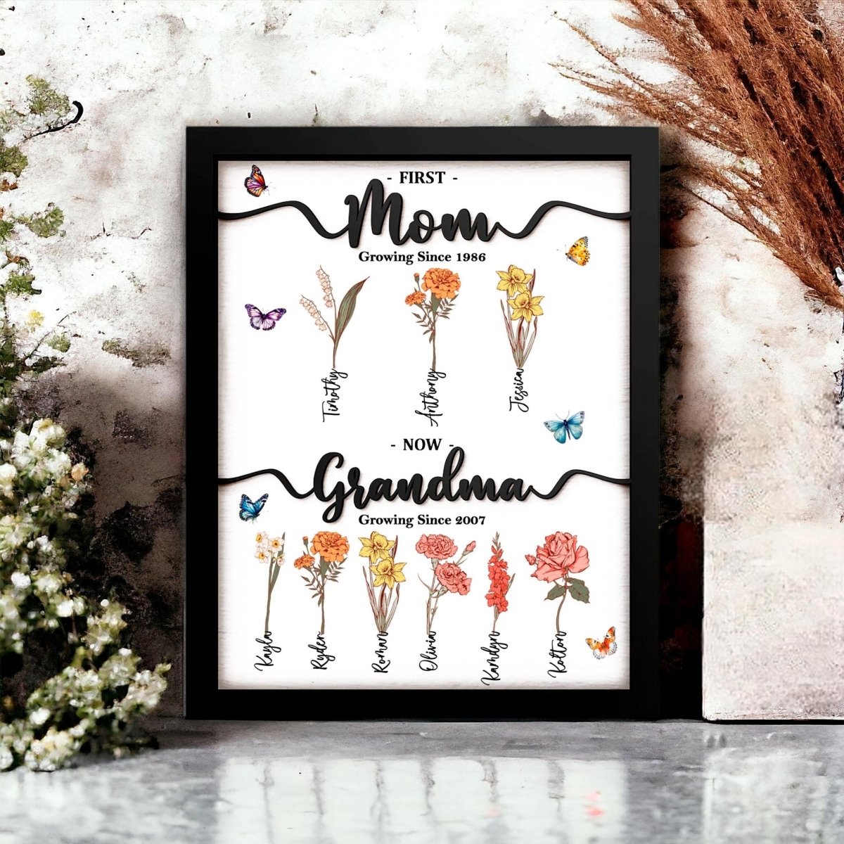 Personalized Birth Flower Sign, Custom Family Names, Wood Mom/Grandma Gift