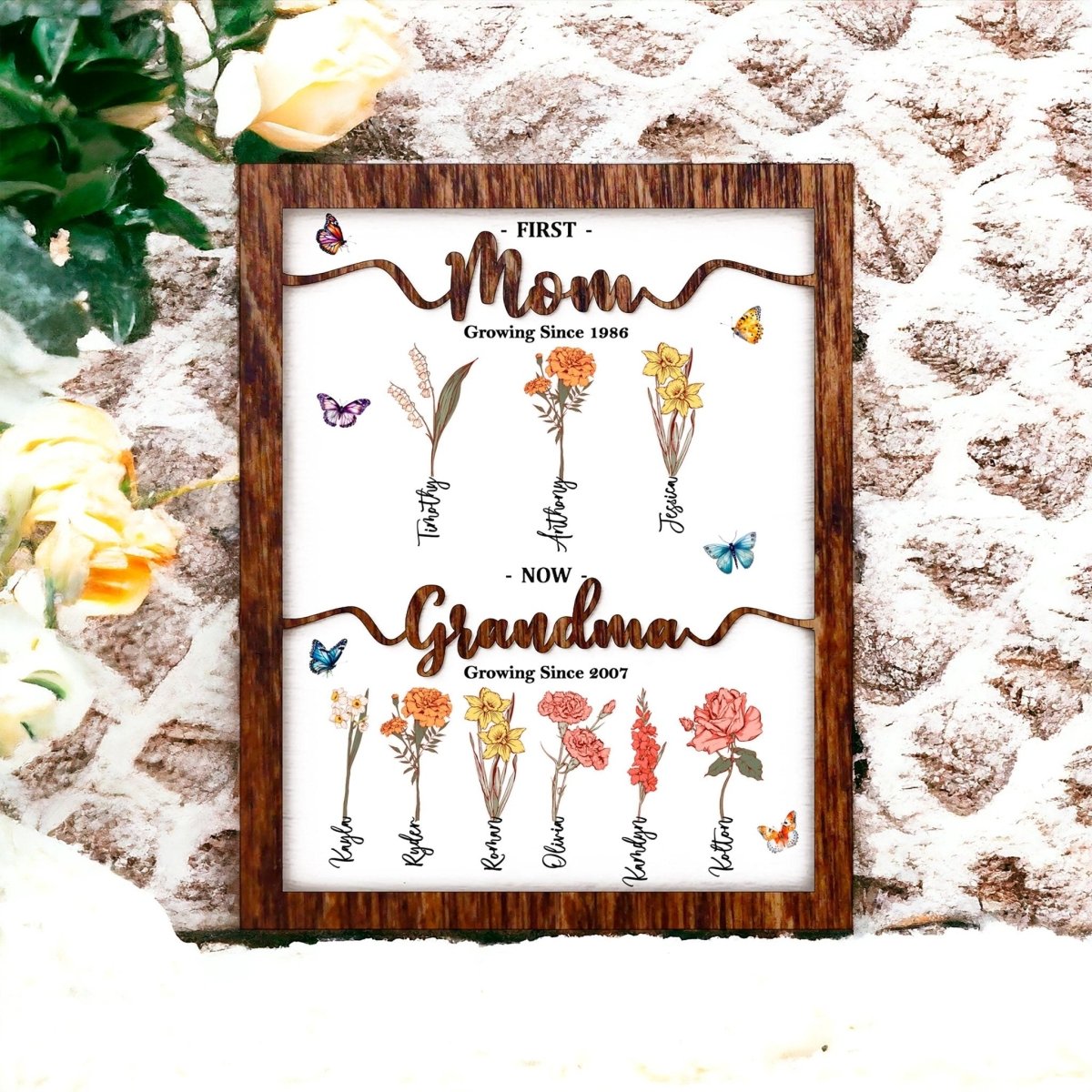 Personalized Birth Flower Sign, Custom Family Names, Wood Mom/Grandma Gift