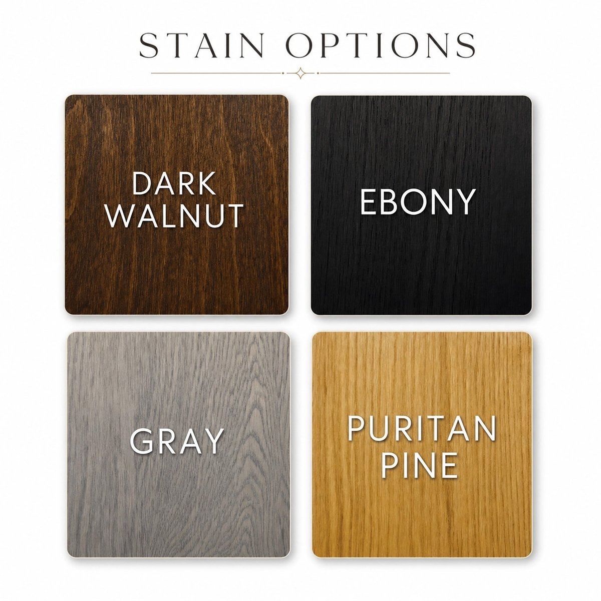Wood stain color chart for personalized Father's Day wooden signs, featuring swatches for Dark Walnut, Ebony, Gray, and Puritan Pine finishes.