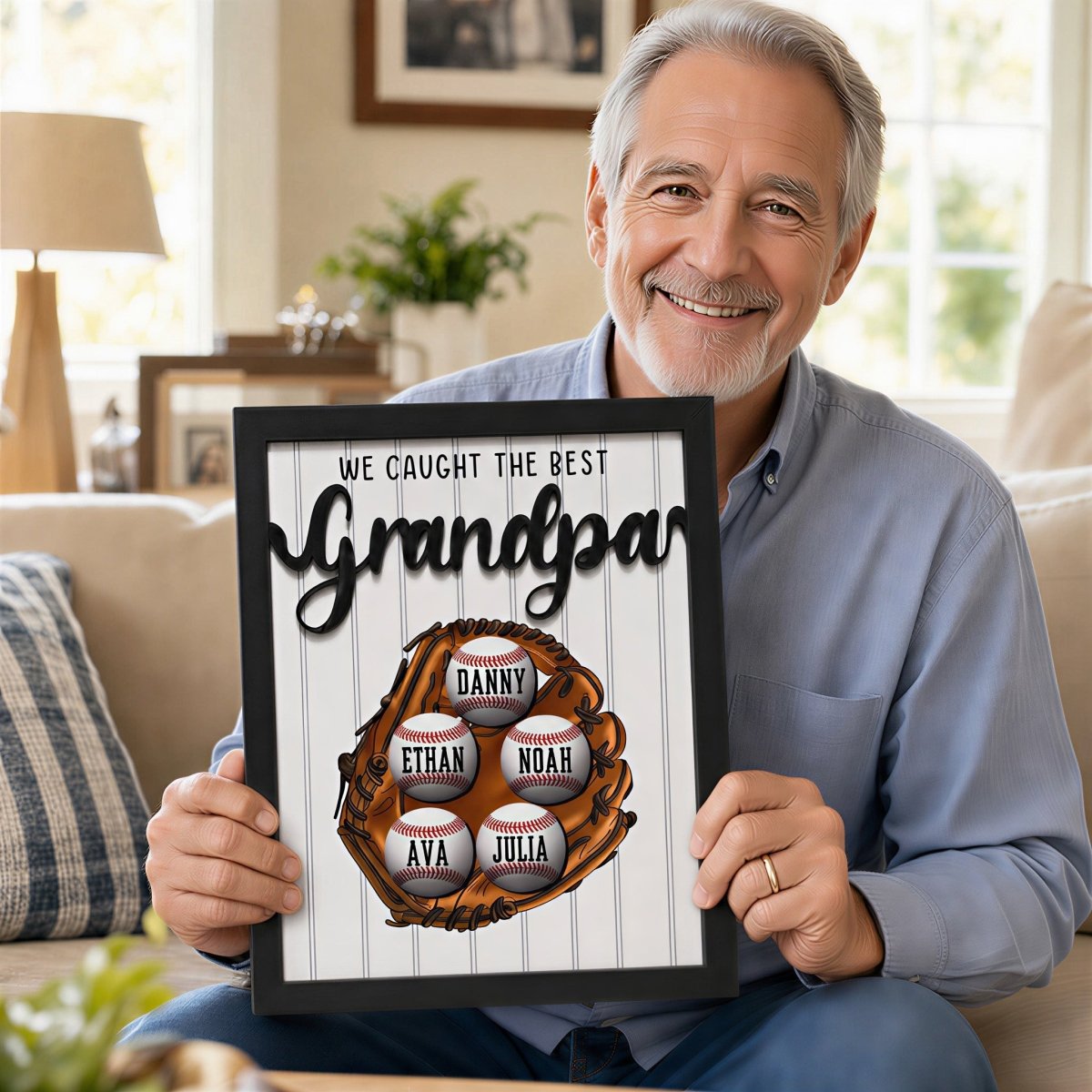 Grandpa holding a personalized Father's Day baseball plaque. Custom wooden grandchildren name sign featuring a 3D baseball glove, rustic frame, and customized baseballs.
