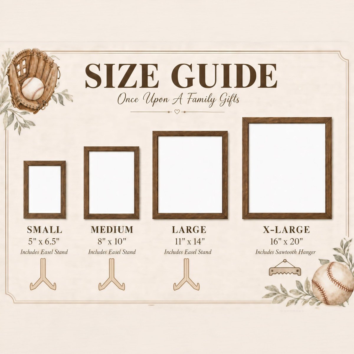 Size guide chart for personalized Father's Day baseball plaques, showing Small, Medium, Large, and X-Large wood frame dimensions with easel and hanger display options.