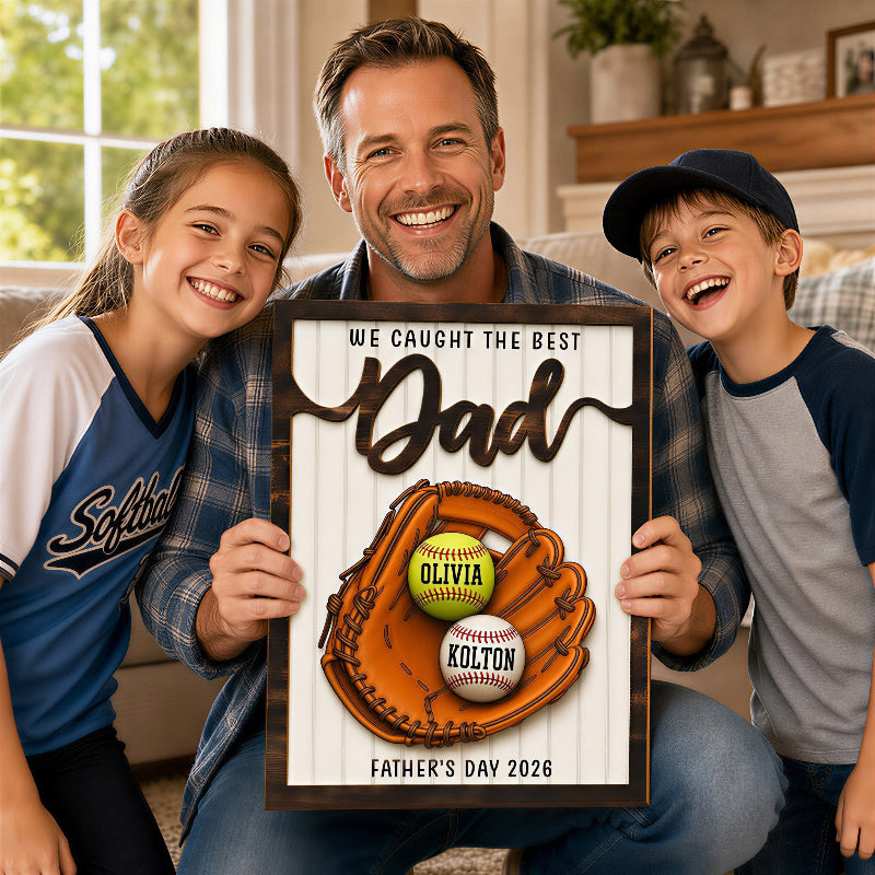 Dad and kids holding a personalized Father's Day baseball plaque. Custom wooden children's name sign featuring a 3D baseball glove, rustic frame, and customized baseballs.