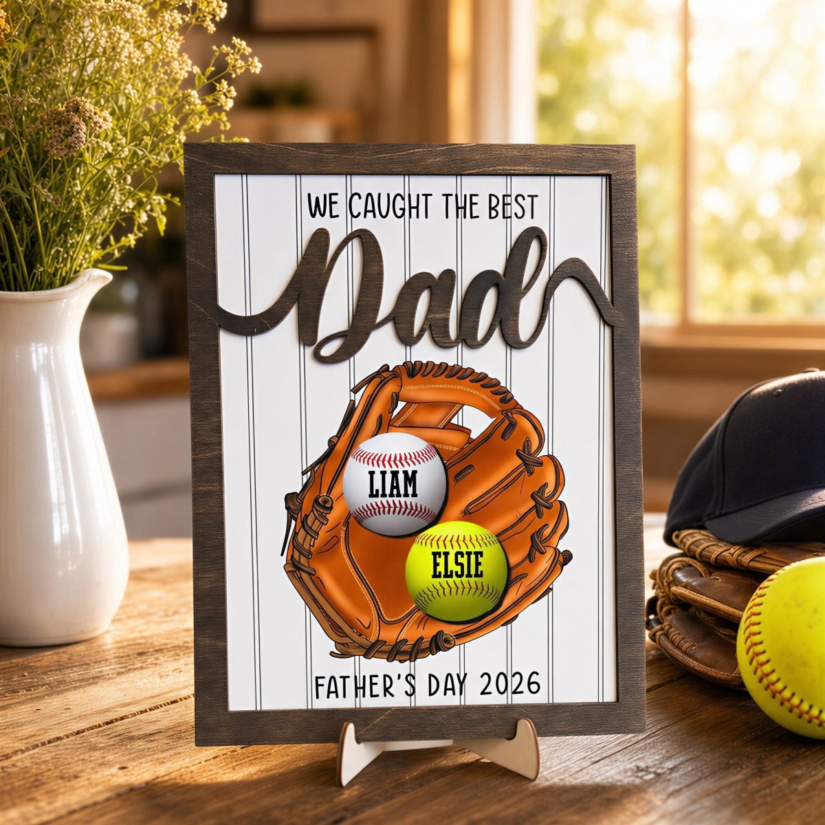 Personalized Father's Day softball desk plaque for Dad. Custom kids' name wooden sign featuring a 3D baseball glove, rustic frame, and two customized softballs on an easel stand.