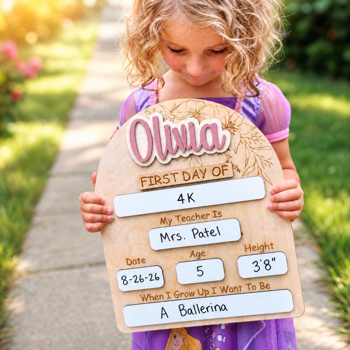 Personalized floral arch first day of school sign Olivia in pink girl holding sign on garden path 4K lifestyle photo