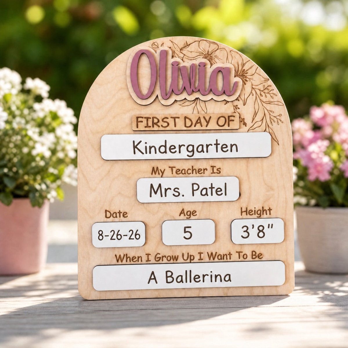 Personalized floral arch first day of school sign Olivia standalone garden lifestyle photo maple wood with engraved florals