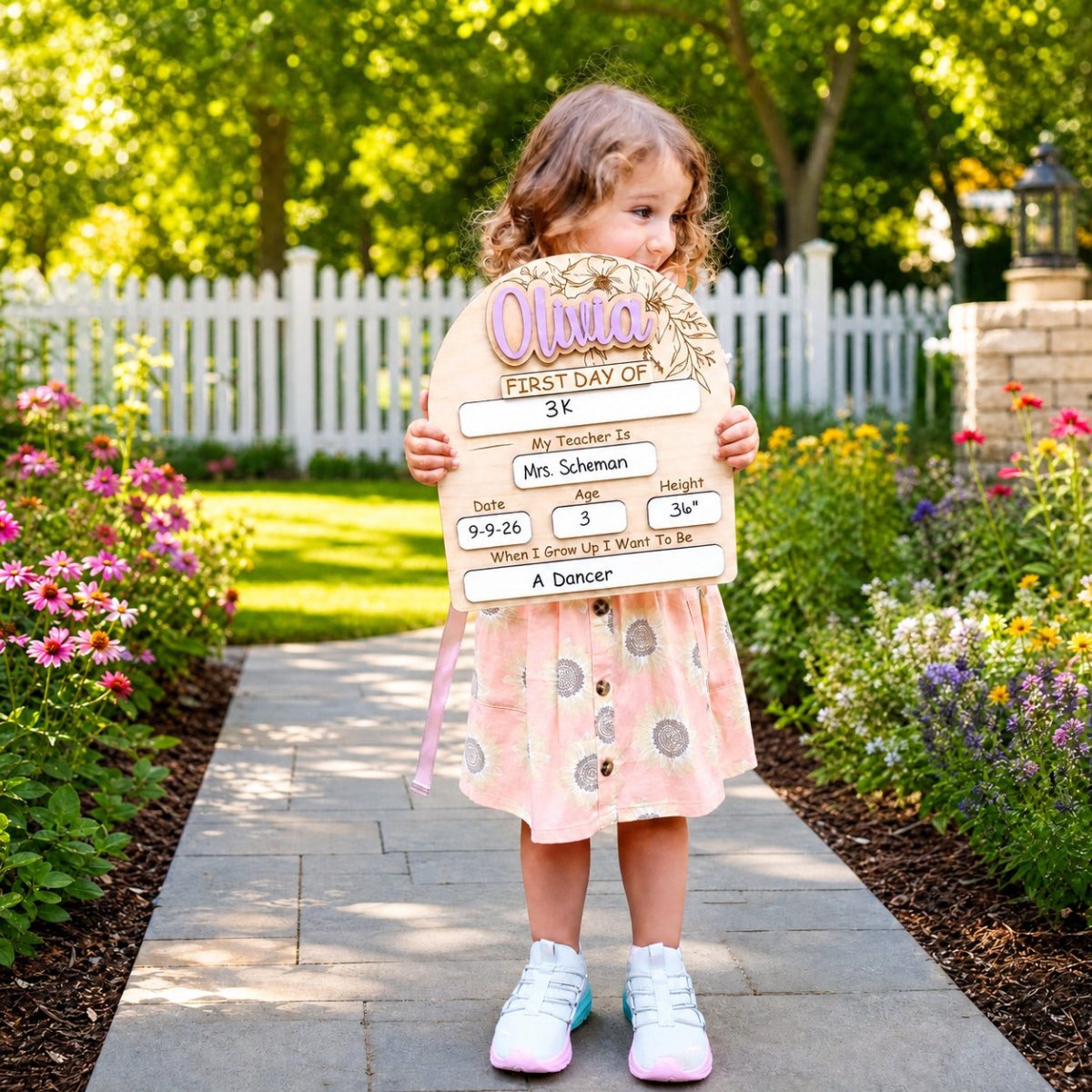 Personalized floral arch first day of school sign Olivia in mauve girl holding sign in sunflower garden lifestyle photo