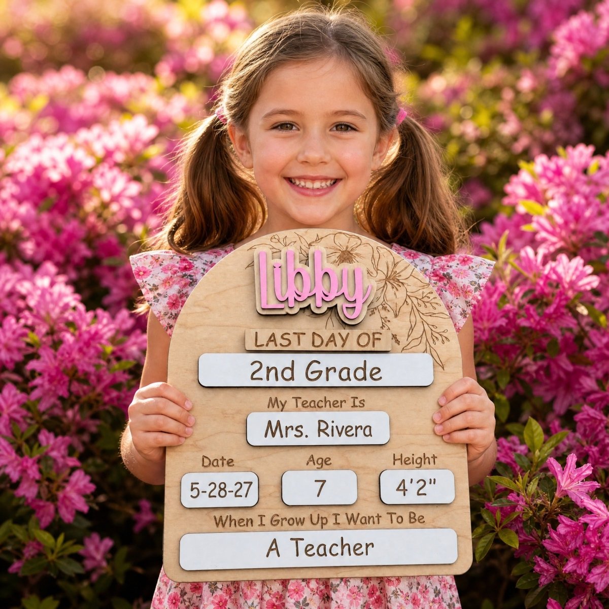 Personalized floral arch first day of school sign Libby in pink girl holding sign surrounded by pink flowers lifestyle photo
